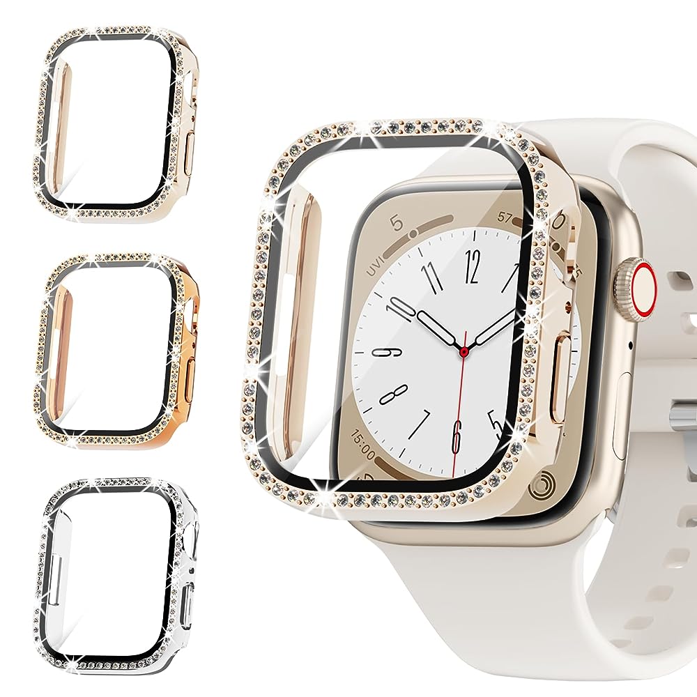 Rc-Z Case for Apple Watch Series SE 6 5 4 44mm, 3-Pack Bling Rhinestone Diamonds Protective Case with Tempered Glass Screen Protector Replacement Cover for iWatch 2022 (2nd Gen) SE 6 5 4 44mm